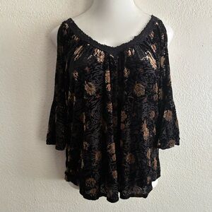 Always Indigo Black Gold Floral Velvet Cold-Shoulder Women's Top L